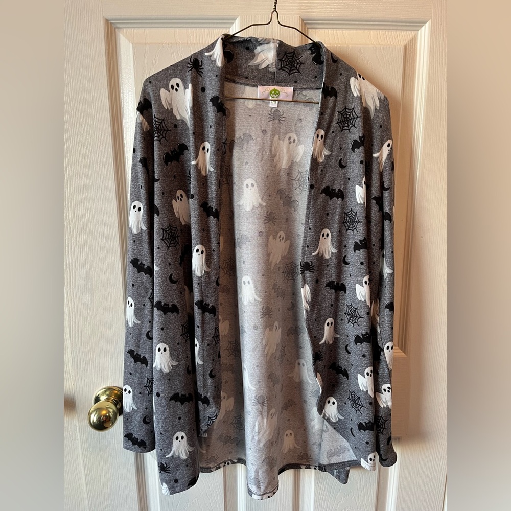 Spooky Halloween Ghost & Bat Open Front Cardigan Grey Size Large 👻🦇🕷️